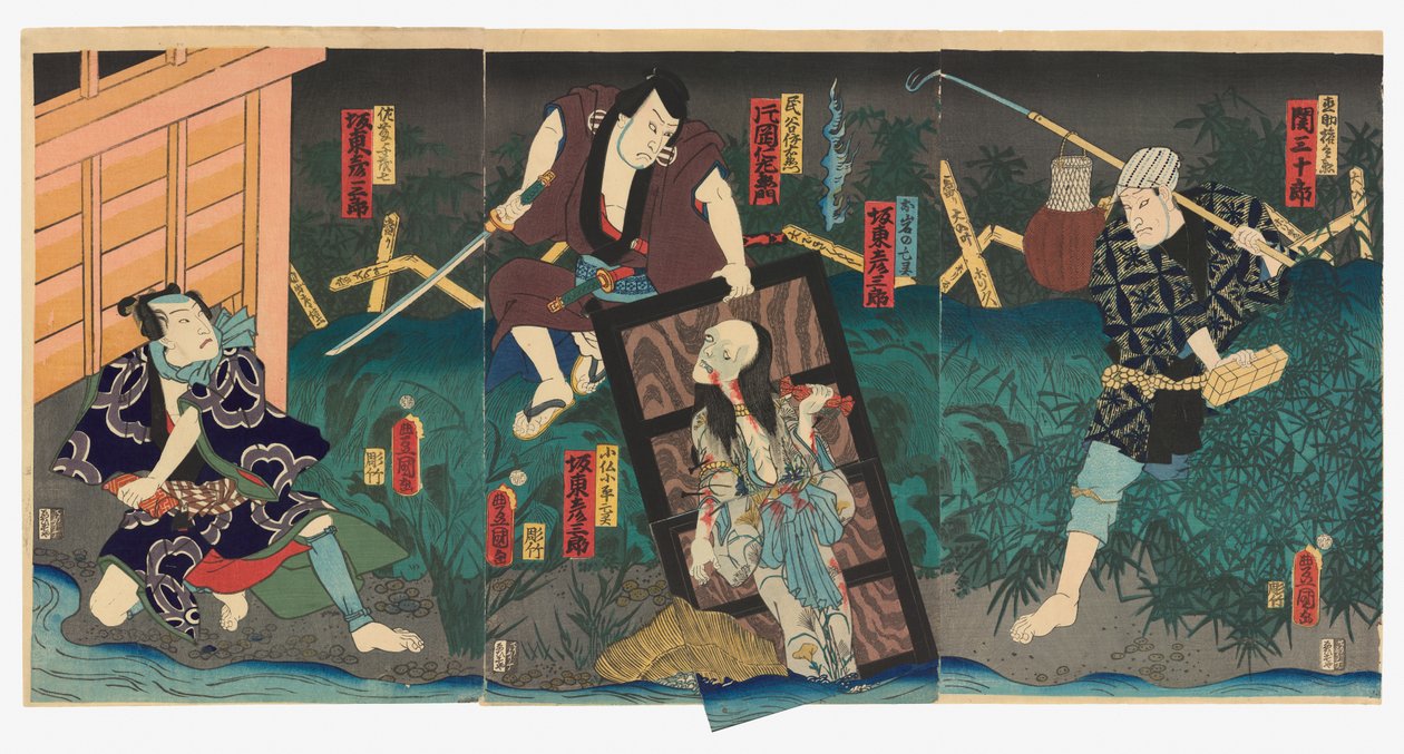 Seki Sanjūrō III como Naosuke Gonbei (R), Kataoka Nizaemon VIII como Tamiya Iemon (C) e Bandō Hikosaburō V como o Fantasma de Oiwa (Oiwa no bōrei) e o Fantasma de Kobotoke Kohei (Kobotoke Kohei bōrei) (C), e Bandō Hikosaburō V como Satō Yomoshichi (L) de Utagawa (1786 1865) Kunisada