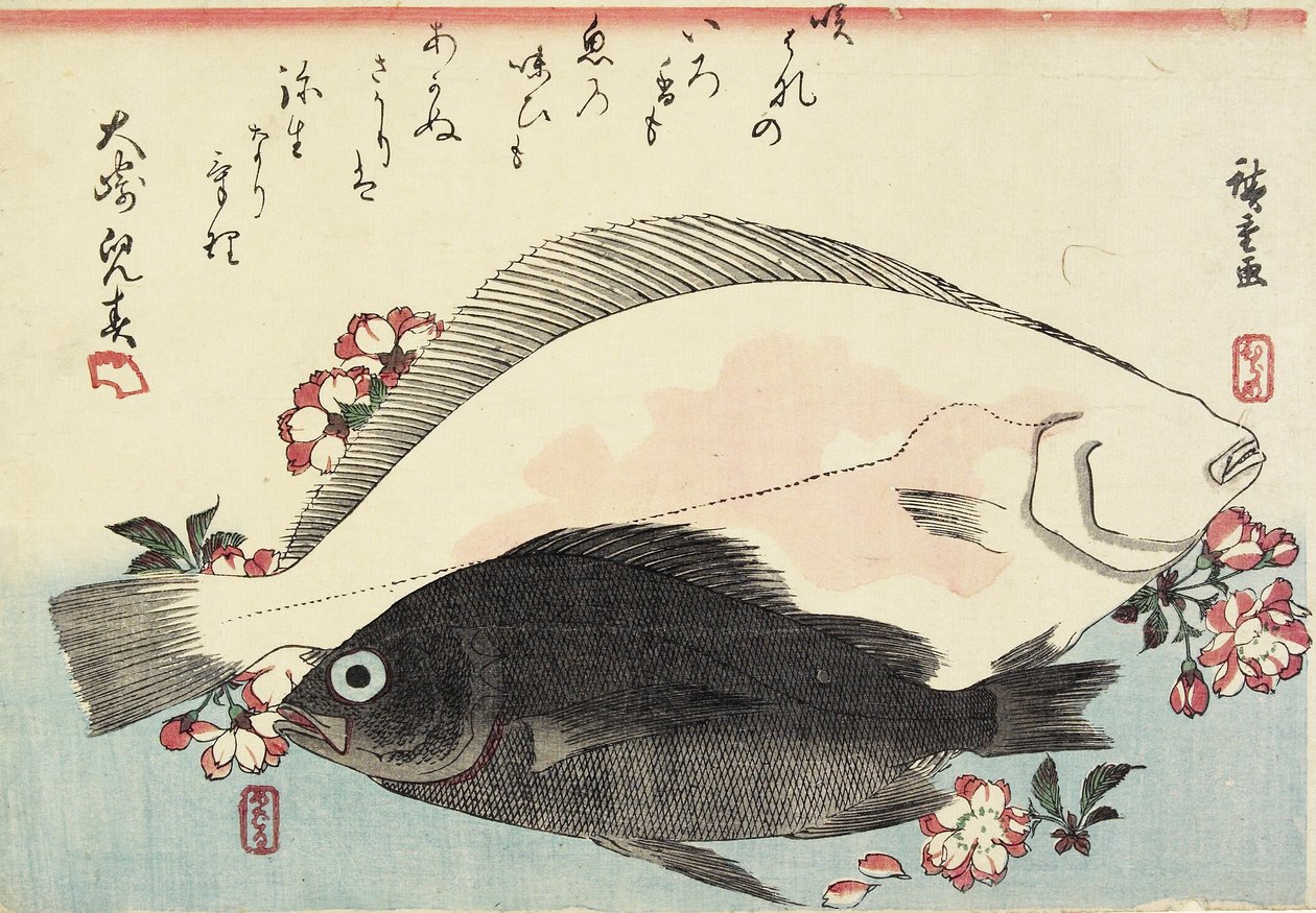(Fluke e Black Bass, Cherry Blossoms) de Utagawa Hiroshige