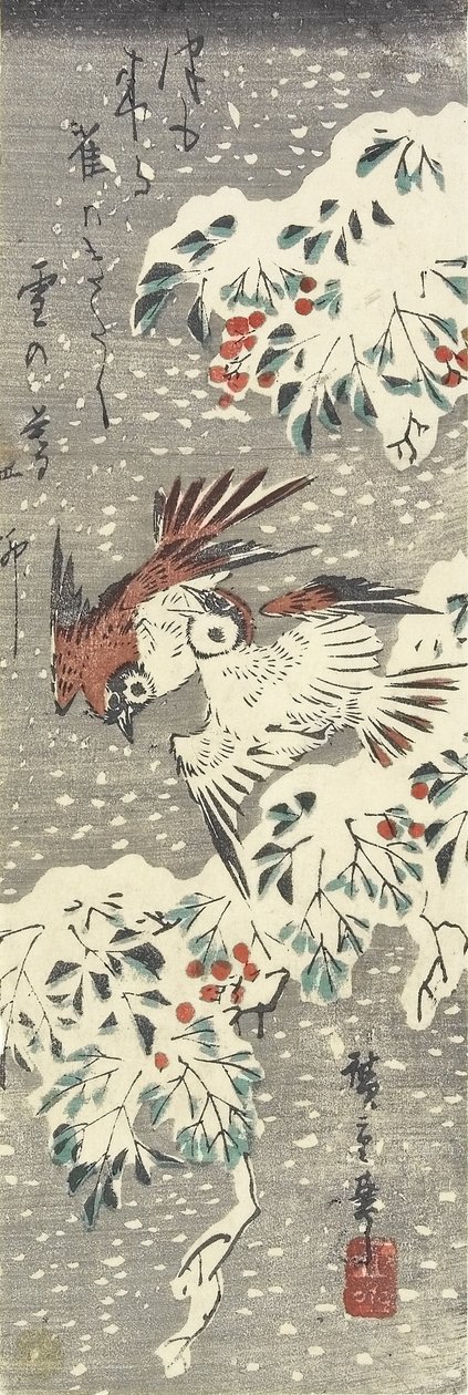 (Bambu Celestial e Pardais na Neve), 1830-1858 de Utagawa Hiroshige