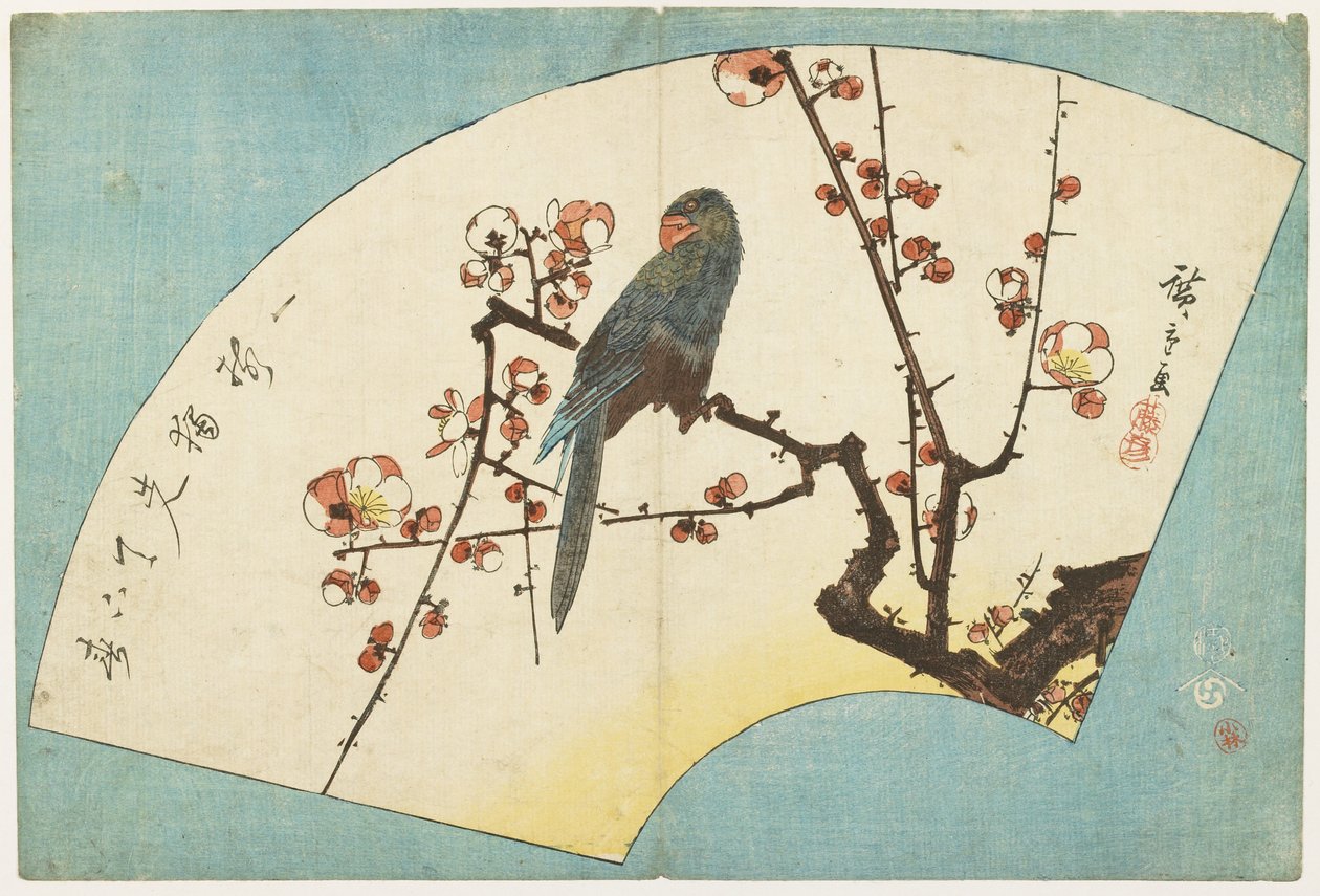 (Papagaio em uma ameixa de floração), meados do século XIX de Utagawa Hiroshige