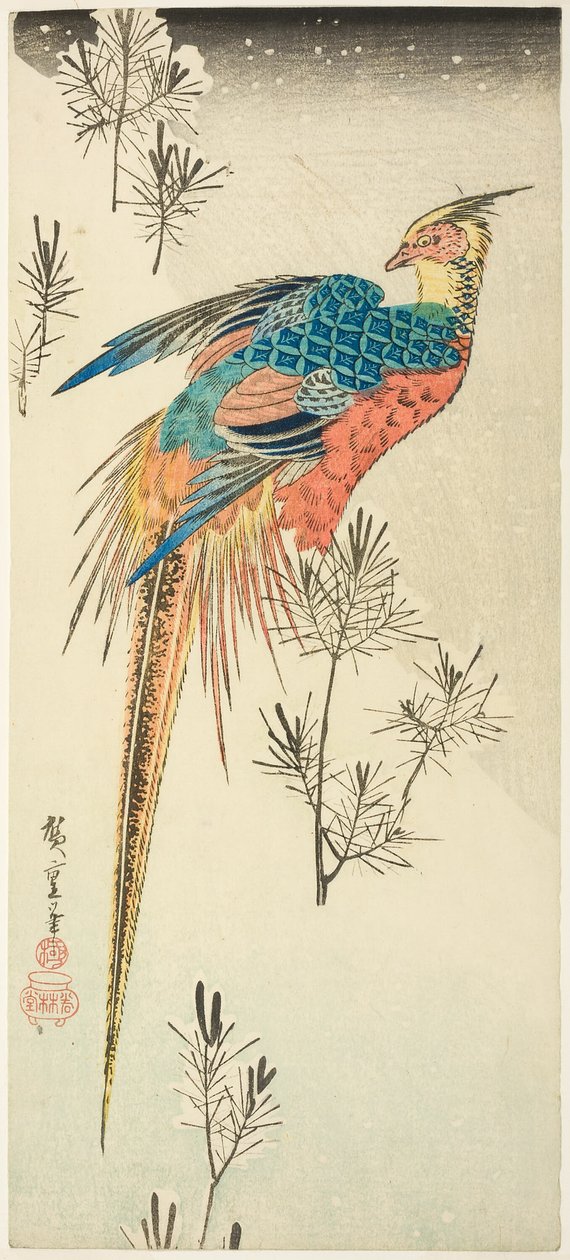 Um faisão dourado empoleirado em uma encosta íngreme e nevada entre pequenas mudas de pinheiro de Utagawa Hiroshige