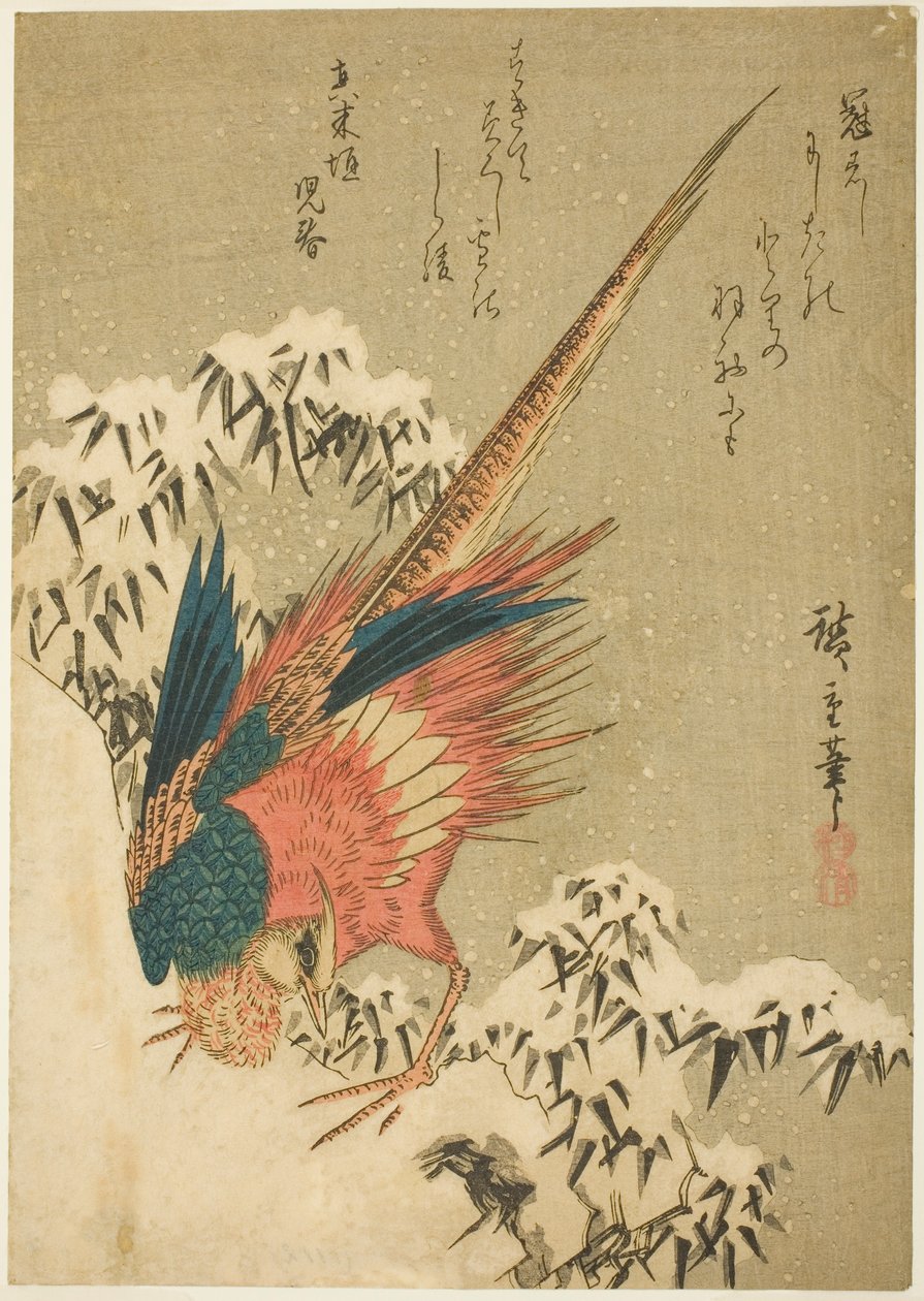 Um faisão dourado em meio a bambu coberto de neve em uma encosta íngreme de Utagawa Hiroshige