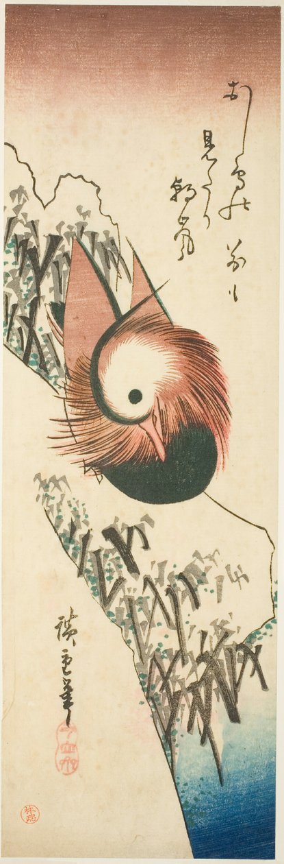 Um pato mandarim em um banco nevado de Utagawa Hiroshige