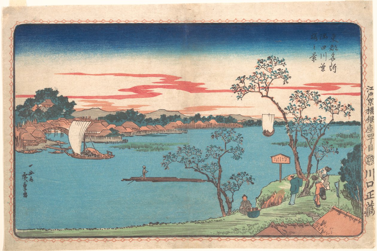 Vista de cerejeiras com folhagem ao longo do rio Sumida de Utagawa Hiroshige