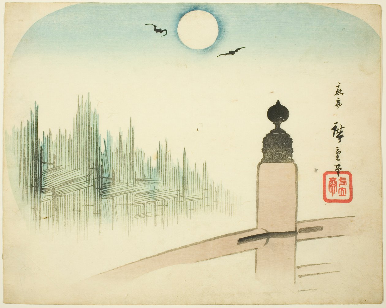 Uma vista de pátios de madeira de uma ponte de Utagawa Hiroshige