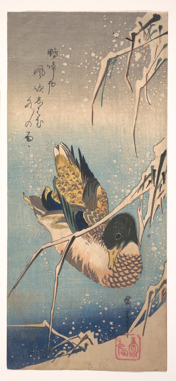 Um pato selvagem junto a uma margem coberta de neve de Utagawa Hiroshige