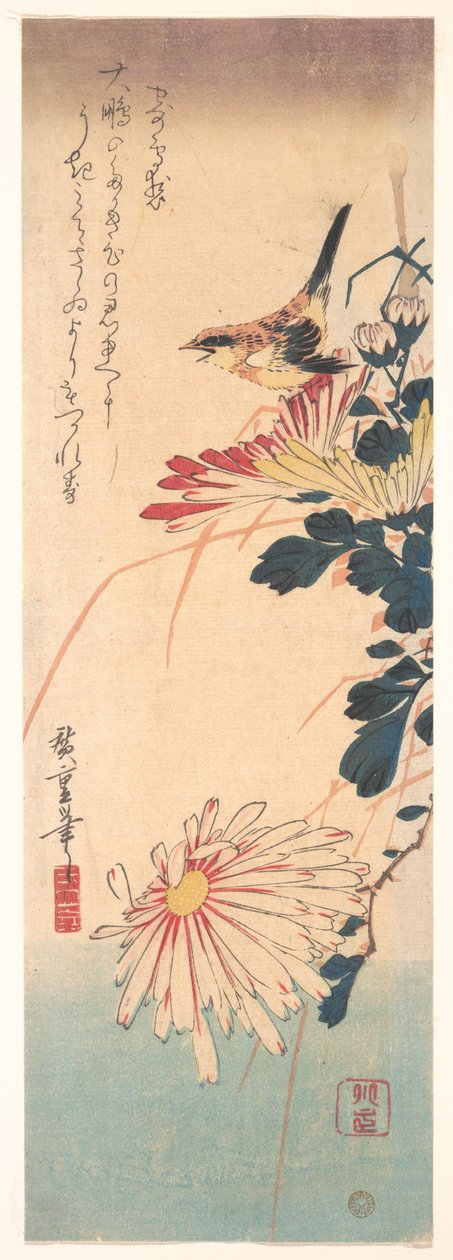 Ein Zaunkönig und Chrysanthemen de Utagawa Hiroshige