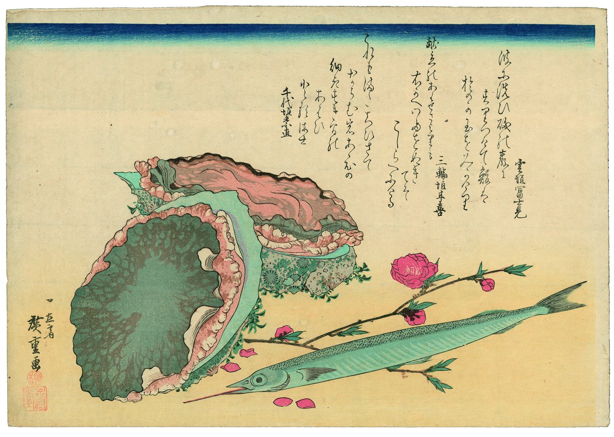 Abalone, peixe-meio-bico e flores de pessegueiro de Utagawa Hiroshige