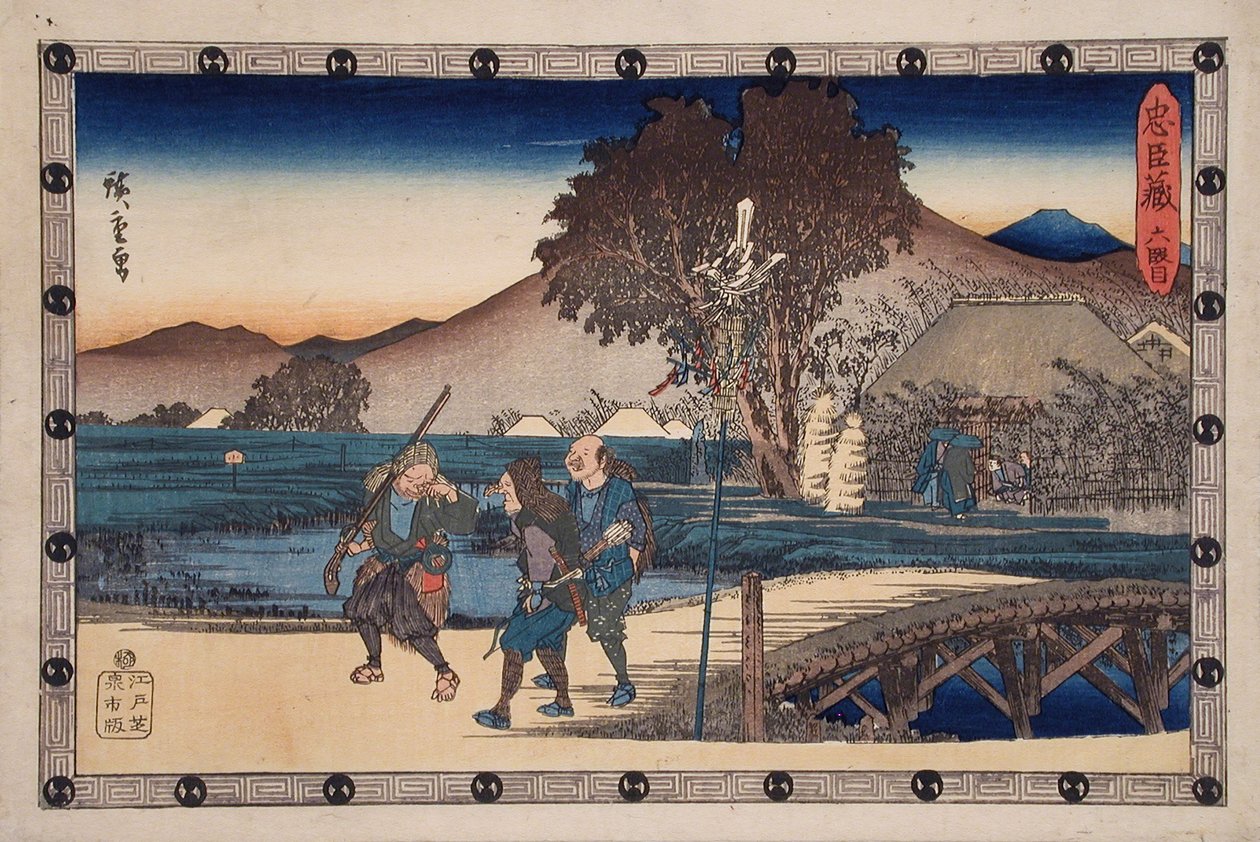 Ato VI: Caçadores regressam depois de levarem o corpo do assassinado Yoichibei para a sua cabana de Utagawa Hiroshige