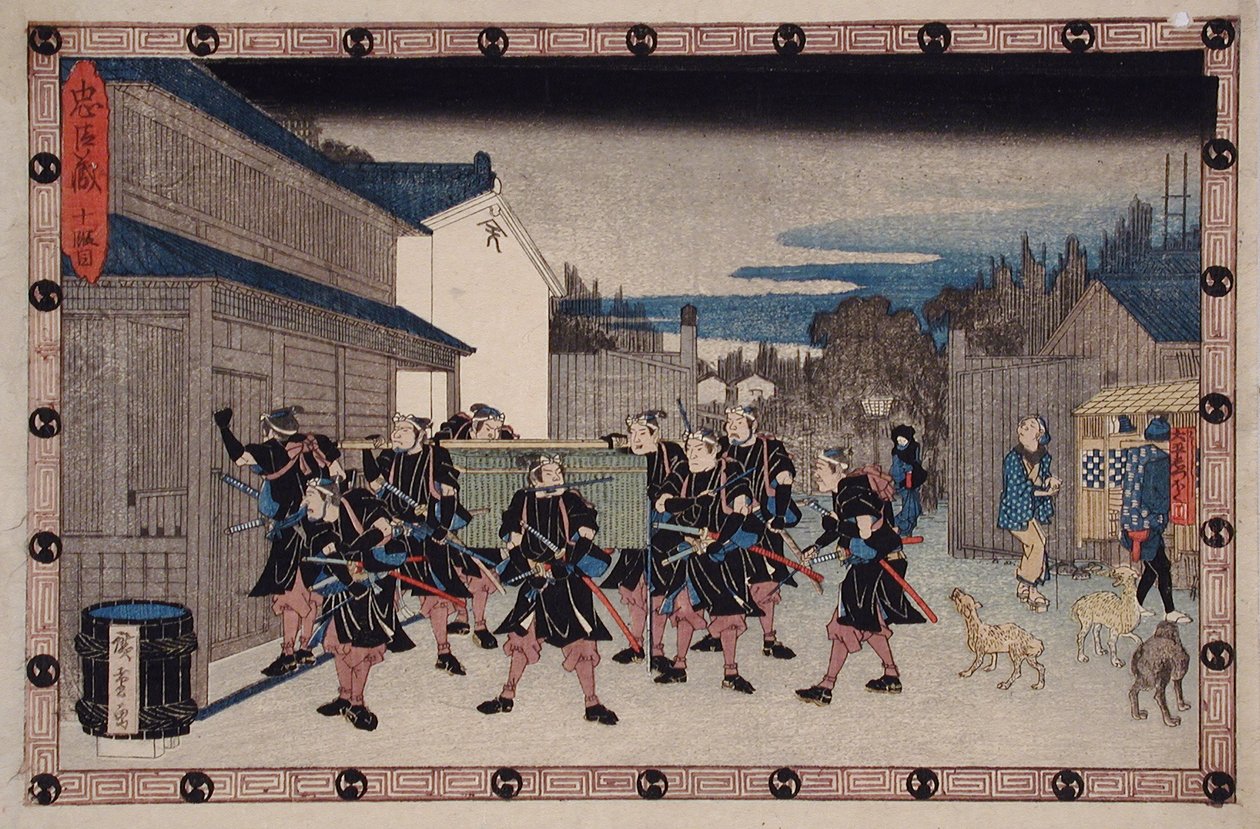 Ato X: O rōnin que transporta um cesto onde se esconde Yuranosuke entra na casa de Gihei de Utagawa Hiroshige
