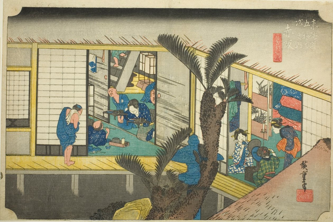 Akasaka: Garçonetes em uma pousada (Akasaka, ryosha shofu no zu), da série "Cinquenta e três estações do Tokaido (Tokaido gojusan tsugi no uchi)", também conhecido como Hoeido Tokaido de Utagawa Hiroshige
