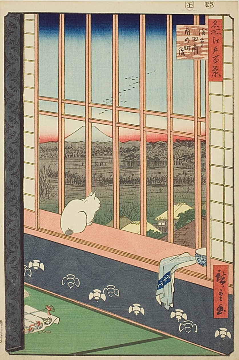 Campos de arroz de Asakusa e Festival Torinomachi (Asakusa tanbo Torinomachi mode), n.o 101 da série "Cem vistas famosas de Edo (Meisho Edo hyakkei)" de Utagawa Hiroshige