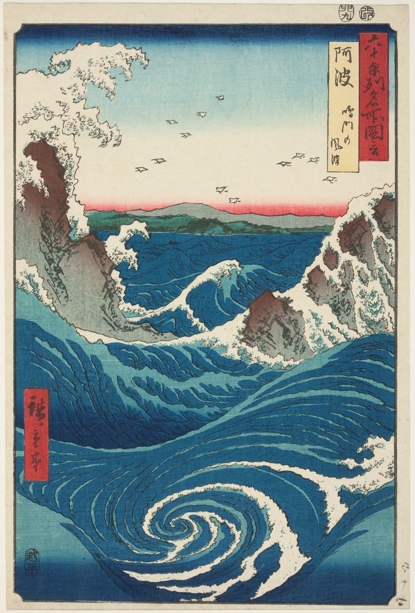 Província de Awa: Redemoinhos de Naruto (Awa, Naruto no fūha), da série Lugares Famosos nas Sessenta e Oito Províncias (Rokujūyoshmeisho zue) de Utagawa Hiroshige