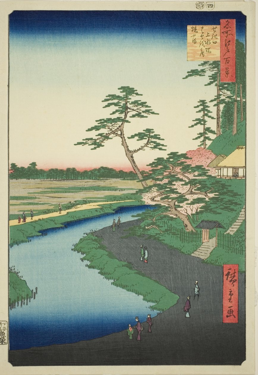 Cabana de Basho na Colina das Camélias junto ao Aquaduto em Sekiguchi (Sekiguchi josui-bata Bashoan Tsubakiyama), da série "Cem Vistas Famosas de Edo (Meisho Edo hyakkei)" de Utagawa Hiroshige