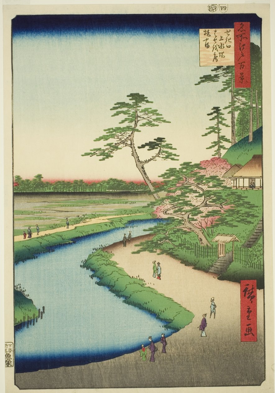 Cabana de Basho na Colina das Camélias junto ao Aquaduto em Sekiguchi (Sekiguchi josui-bata Bashoan Tsubakiyama), da série "Cem Vistas Famosas de Edo (Meisho Edo hyakkei)" de Utagawa Hiroshige