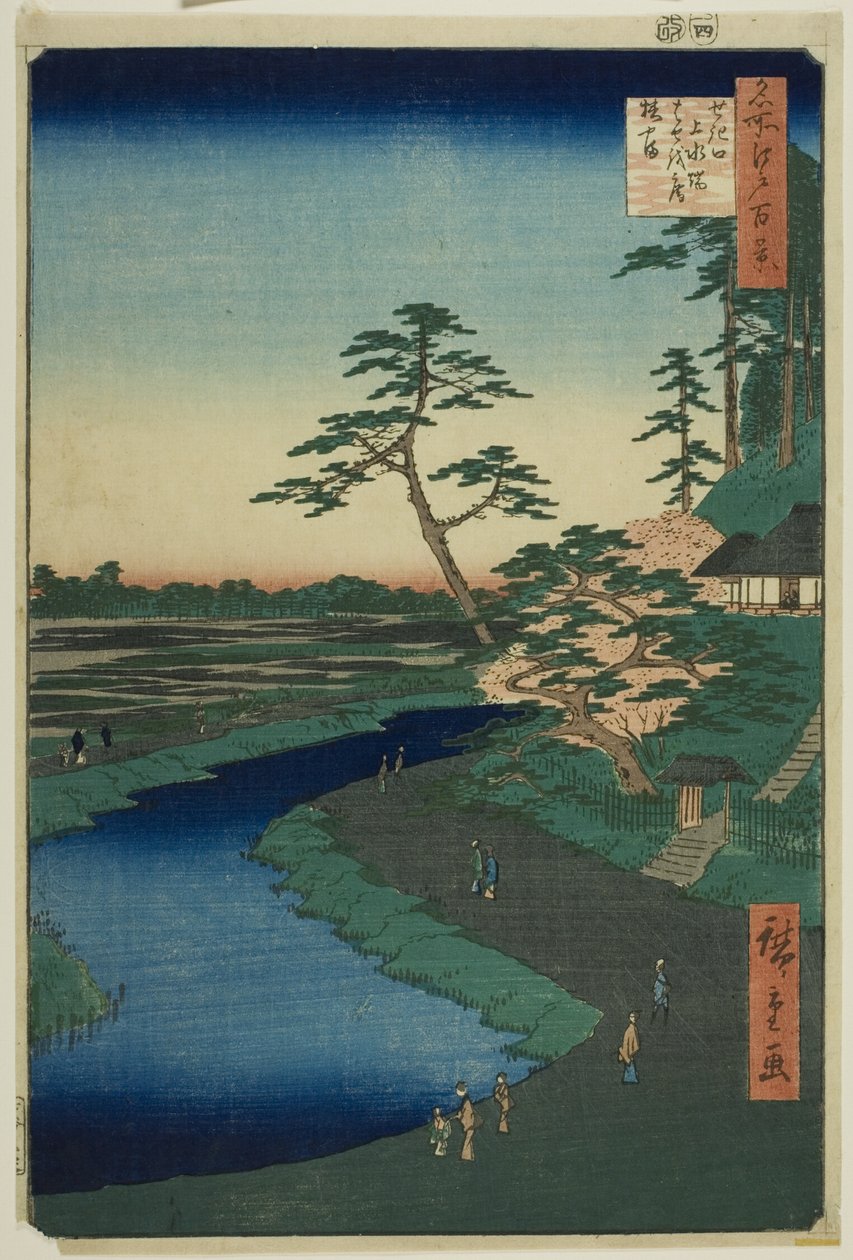 Cabana de Basho na Colina das Camélias, junto ao Aquaduto de Sekiguchi, da série "Cem Vistas Famosas de Edo (Meisho Edo hyakkei)" de Utagawa Hiroshige