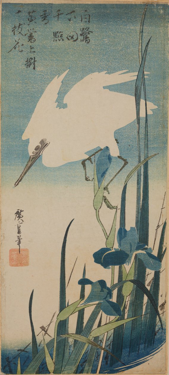 Uma garça-branca em voo e íris azuis / Shobu to shirasagi de Utagawa Hiroshige