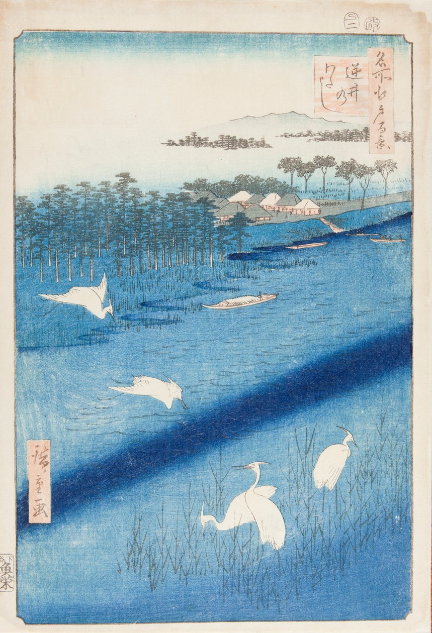 Garças brancas sobre o rio Sakasai / Sakasai no watashi, gravura n.º 58 da série: Cem vistas famosas de Edo / Meisho Edo hyakkei de Utagawa Hiroshige