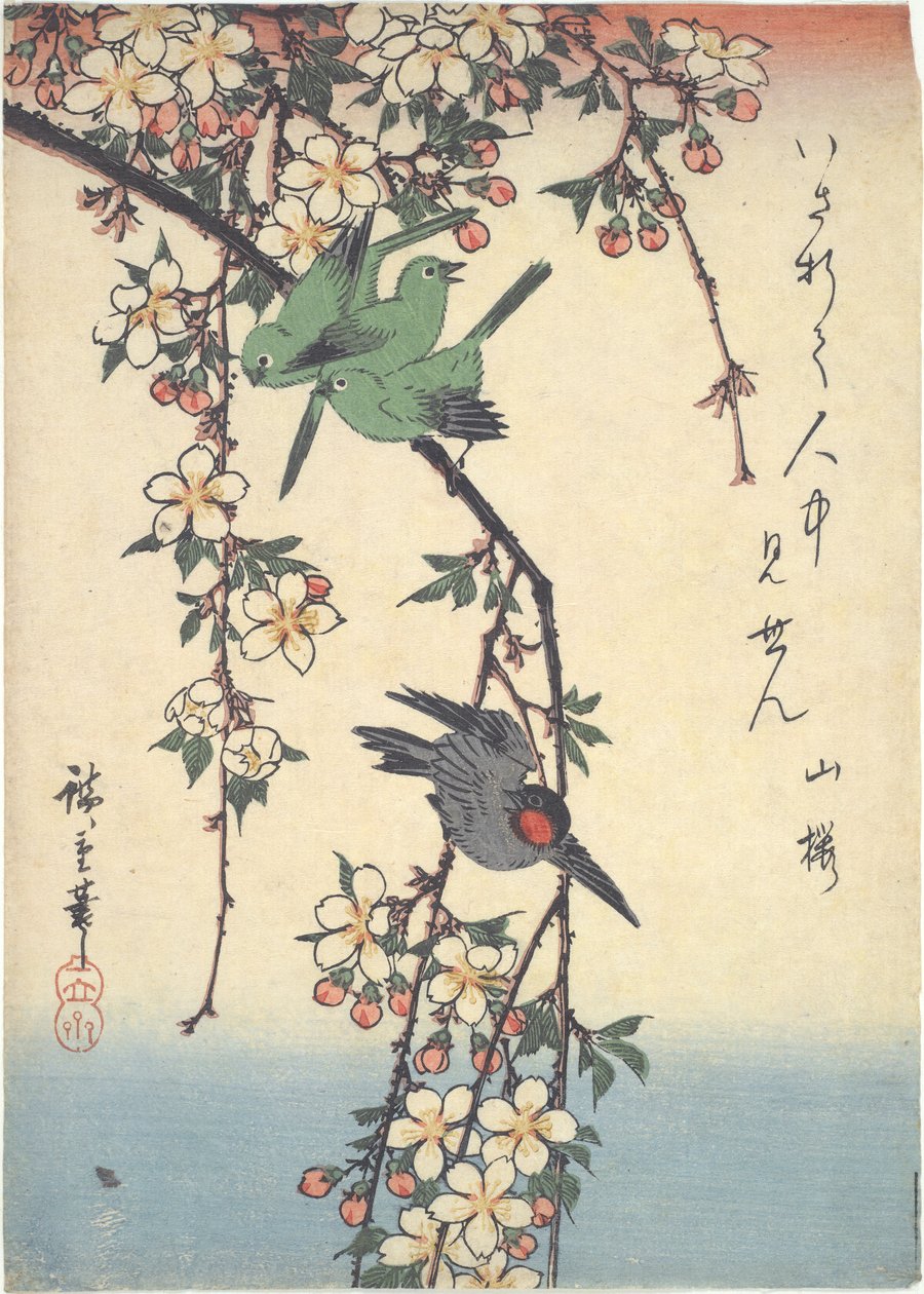 Aves num ramo de cerejeira de Utagawa Hiroshige
