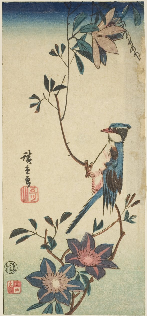 Pássaro azul em clematite de Utagawa Hiroshige