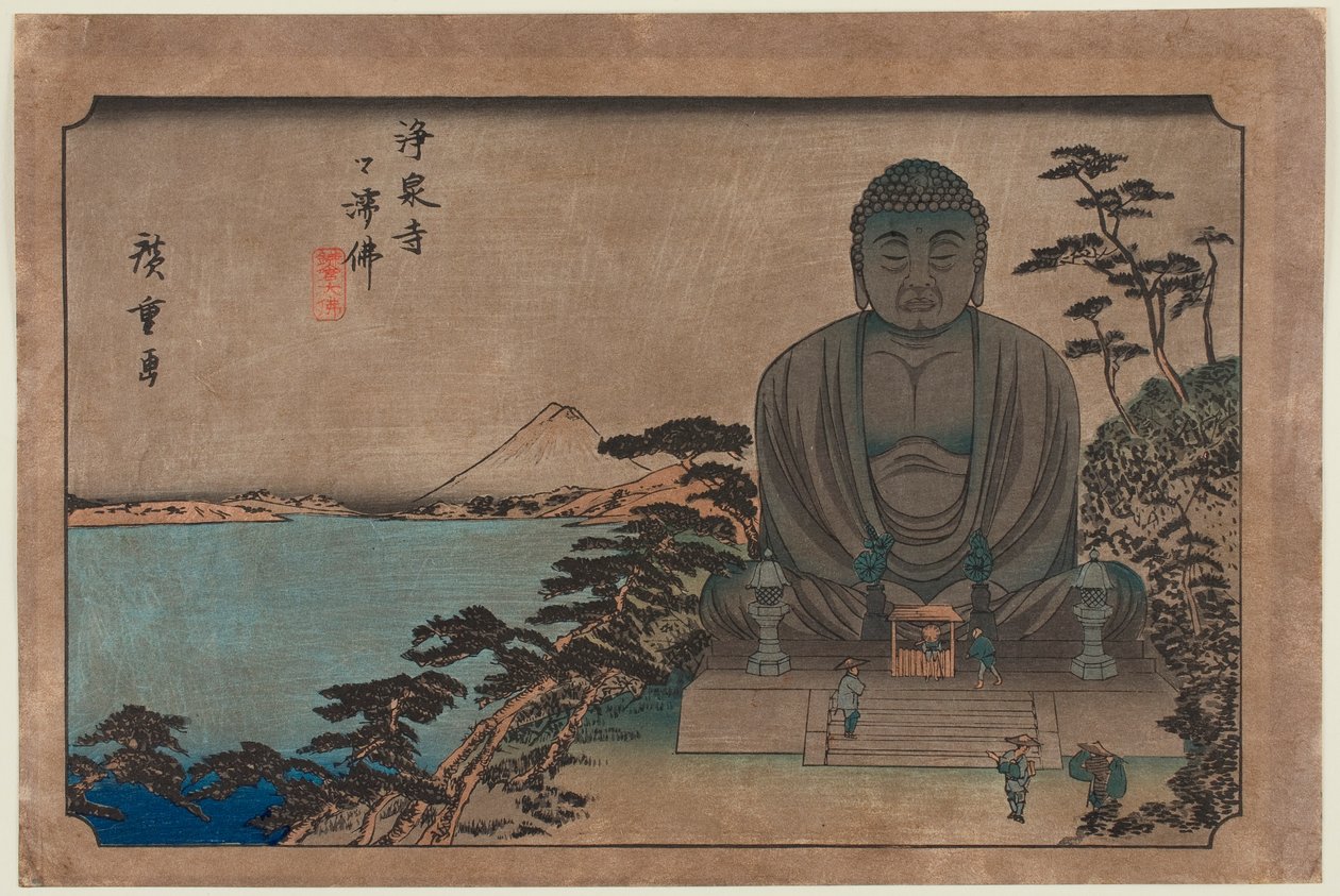 Imagem budista ao ar livre no templo Jōsen: o Grande Buda de Kamakura de Utagawa Hiroshige
