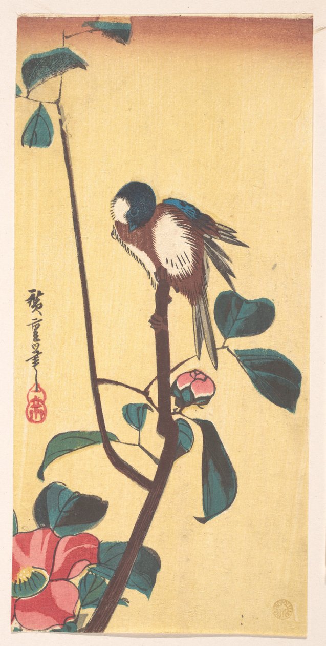 Camélia e pássaro de cabeça azul de Utagawa Hiroshige