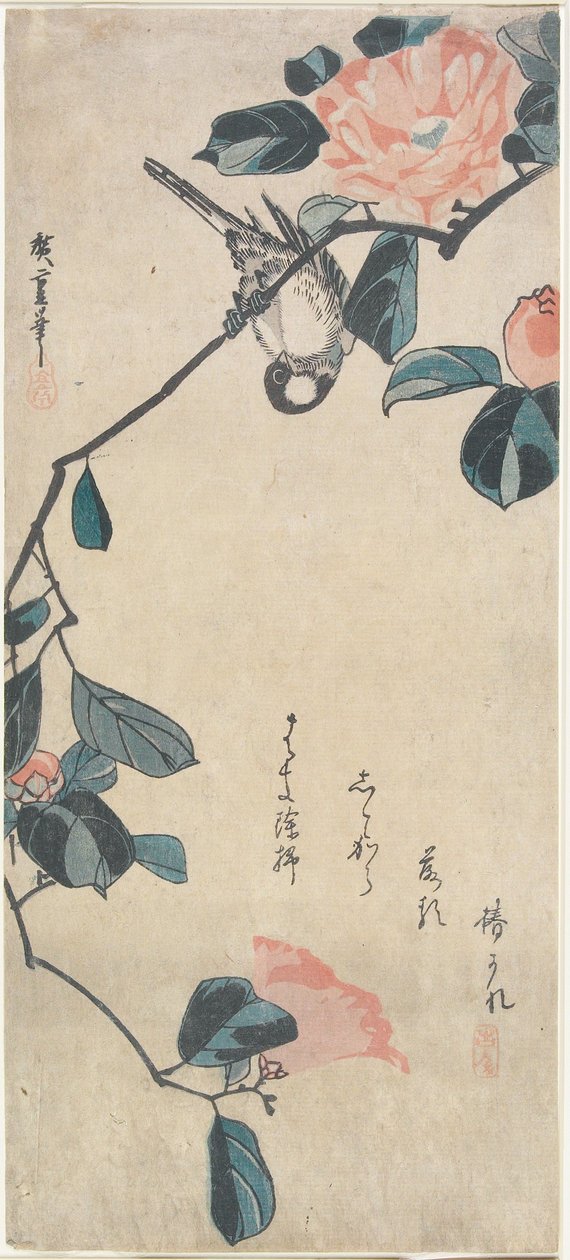 Camélia e pintassilgo de Utagawa Hiroshige