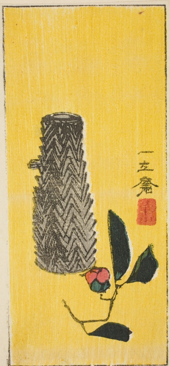 Camélia e cesta, seção de uma folha sem título de harimaze de Utagawa Hiroshige