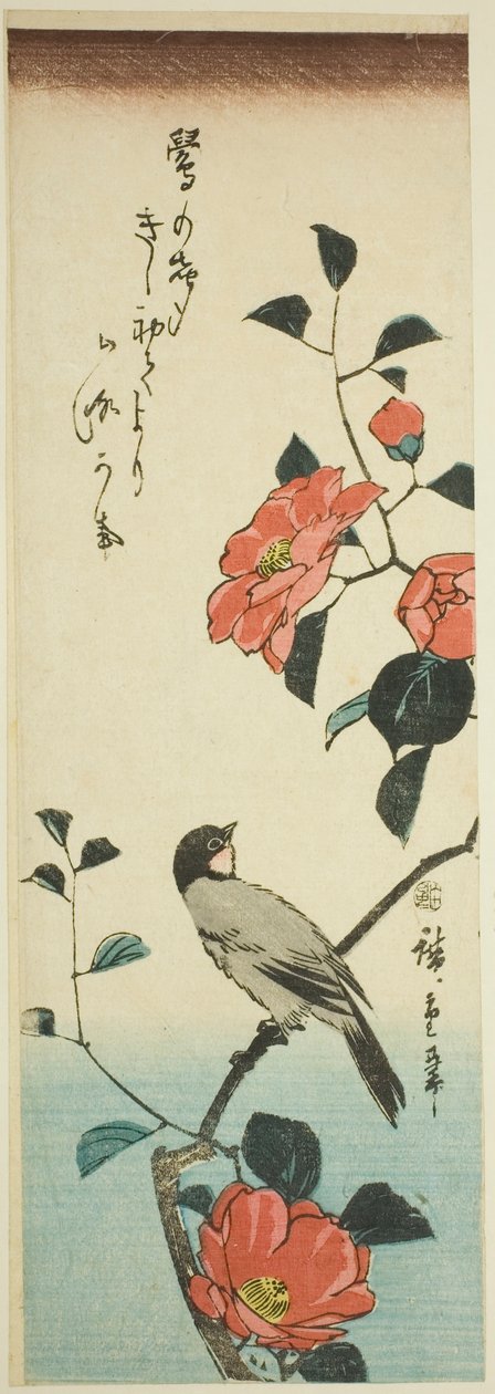 Flores de camélia e Dom-fafe de Utagawa Hiroshige