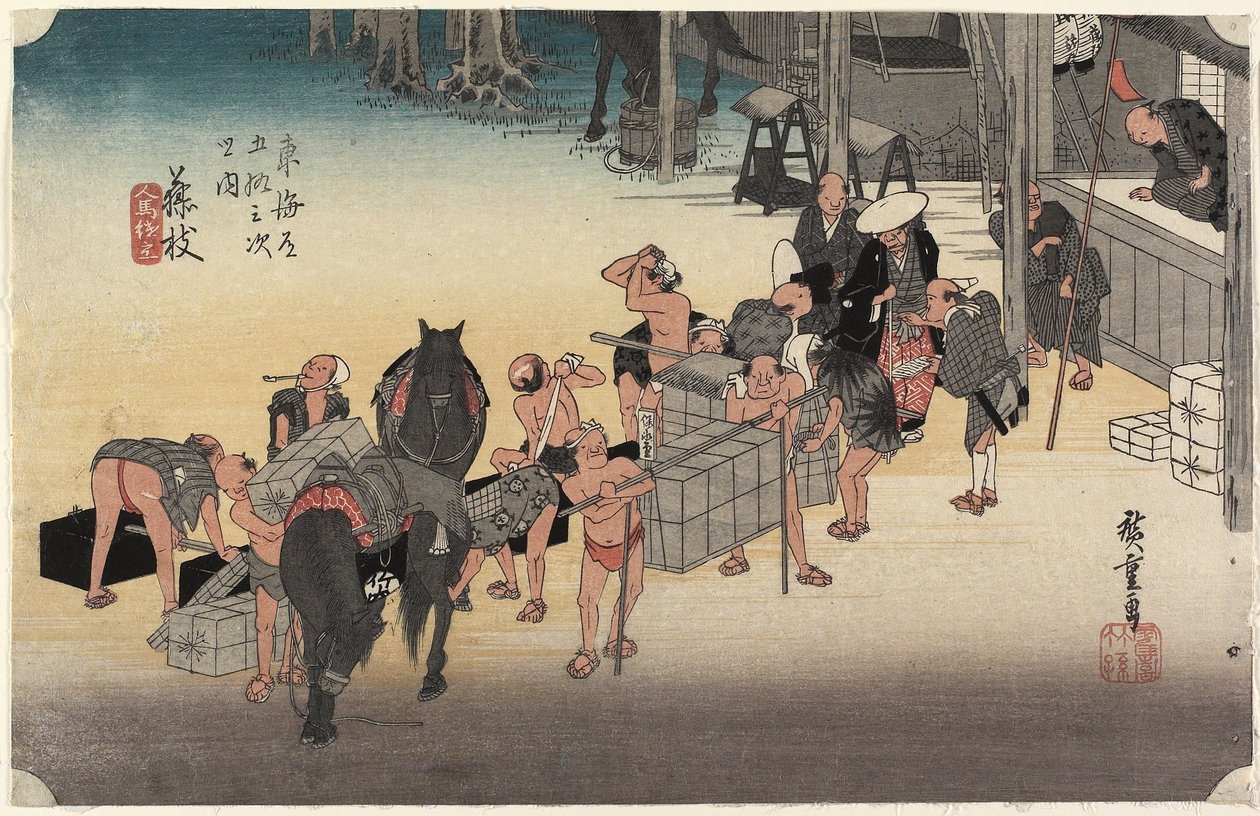 Mudando Porteiros e Cavalos, Fujieda, c. 1833 de Utagawa Hiroshige
