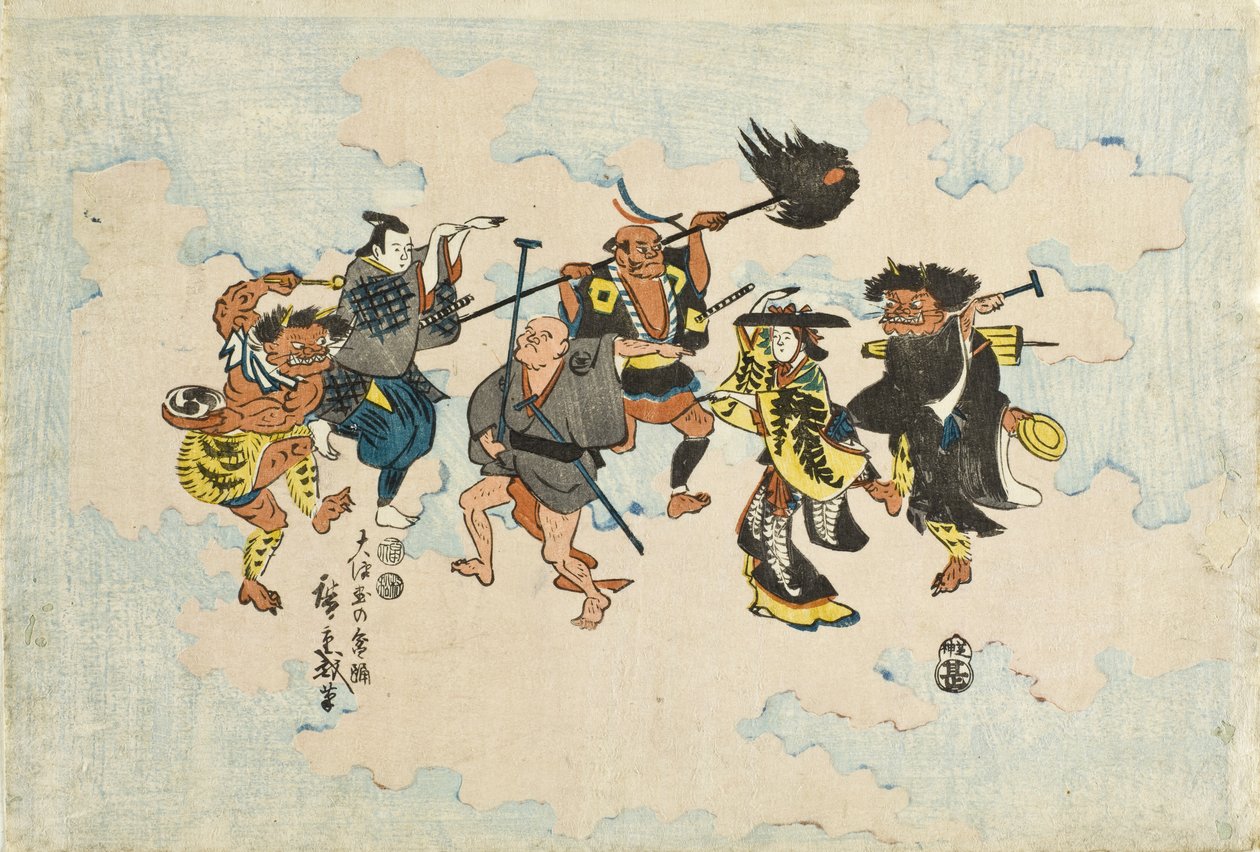 Personagens das pinturas folclóricas Ōtsu-e a dançar o Bon-odori de Utagawa Hiroshige