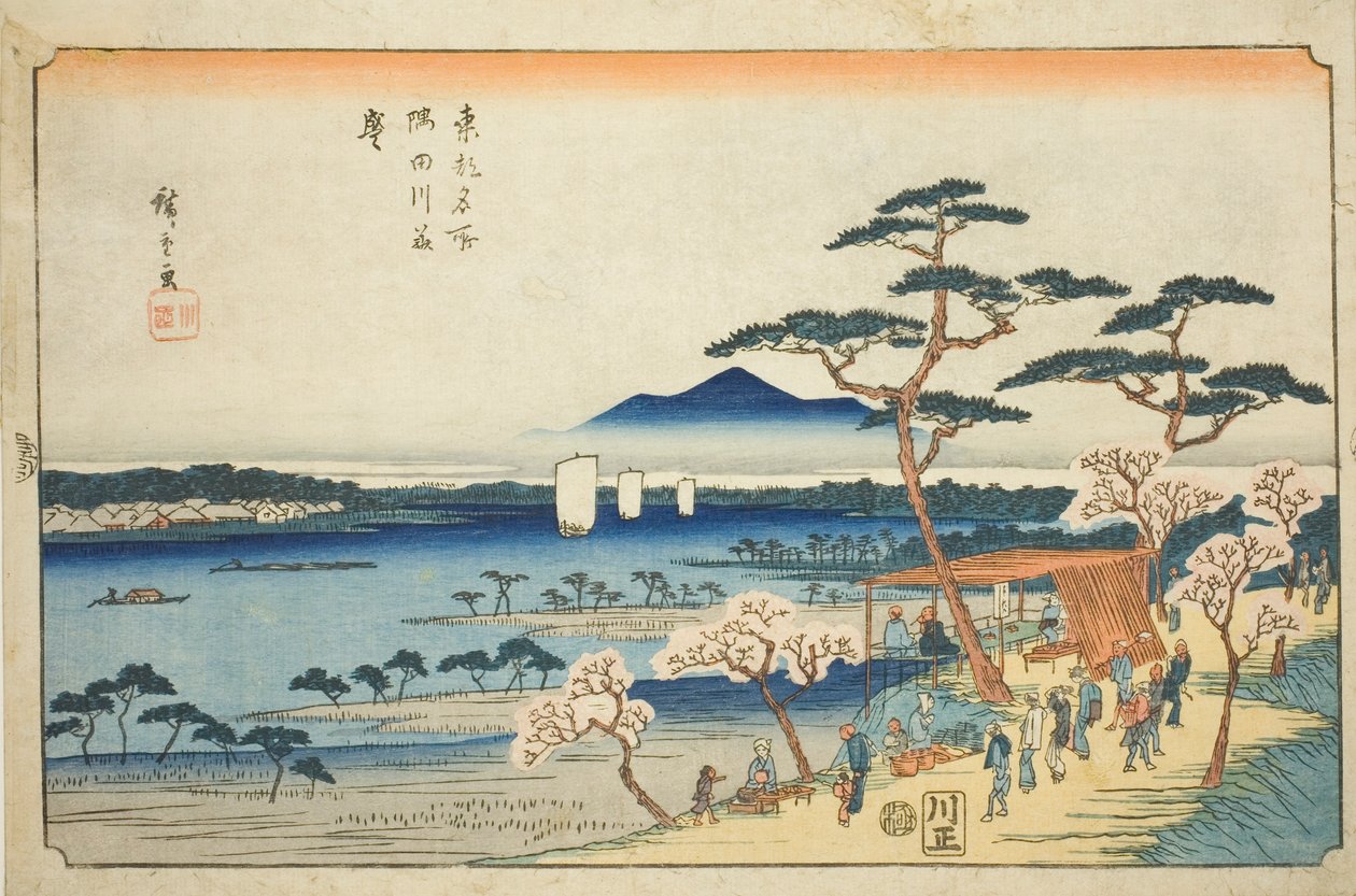 Flores de cerejeira em plena floração ao longo do rio Sumida (Sumidagawa hanazakari), da série "Lugares Famosos na Capital Oriental (Toto meisho)" de Utagawa Hiroshige
