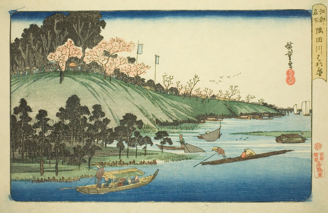 Flores de cerejeira em plena floração ao longo do rio Sumida (Sumidagawa hanazakari), da série "Lugares famosos em Edo (Koto meisho)" de Utagawa Hiroshige