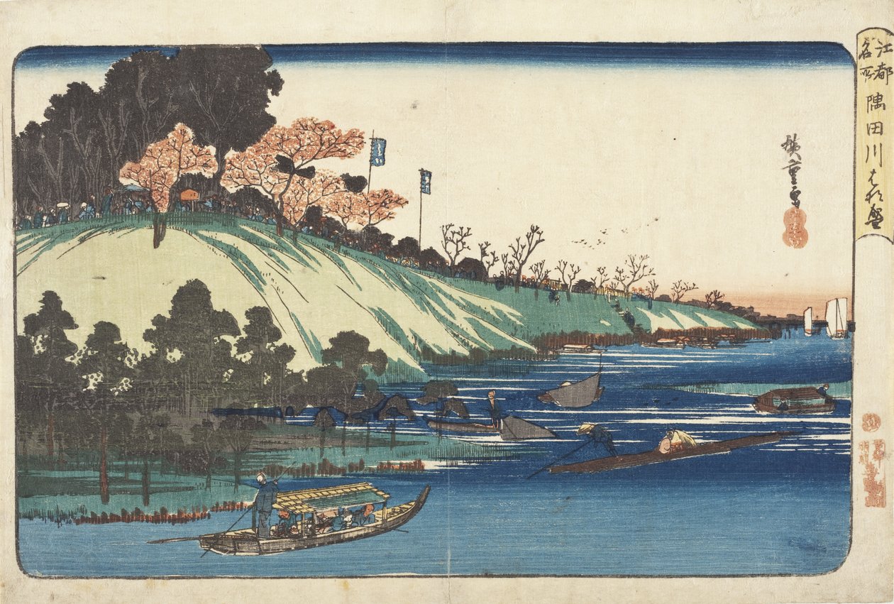 Cerejeiras em plena floração ao longo do rio Sumida de Utagawa Hiroshige