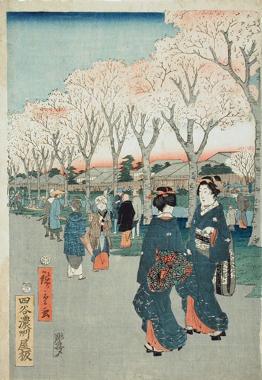 Flores de cerejeira no aterro do rio Jewel de Utagawa Hiroshige