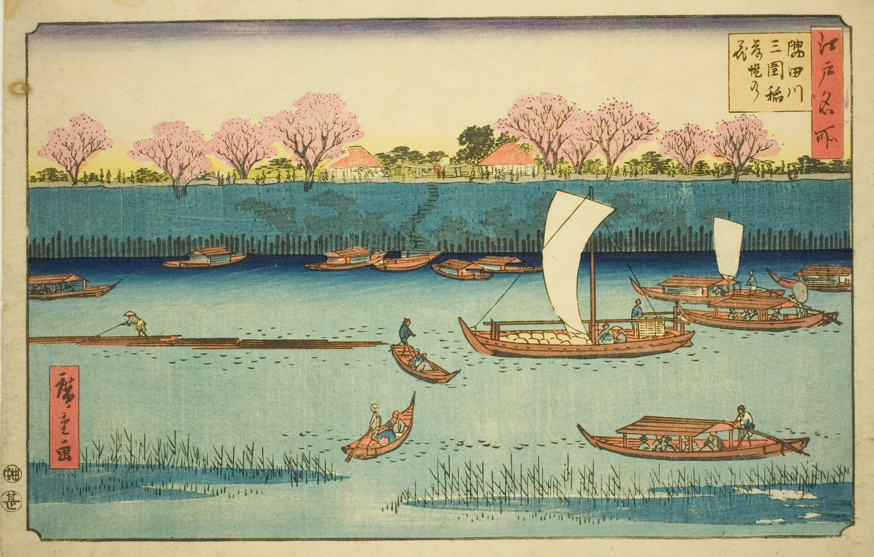 Cerejeiras ao longo da margem do rio Sumida no Santuário Mimeguri Inari (Sumidagawa Mimeguri Inari tsutsumi no hana), da série "Lugares famosos em Edo (Edo meisho)" de Utagawa Hiroshige