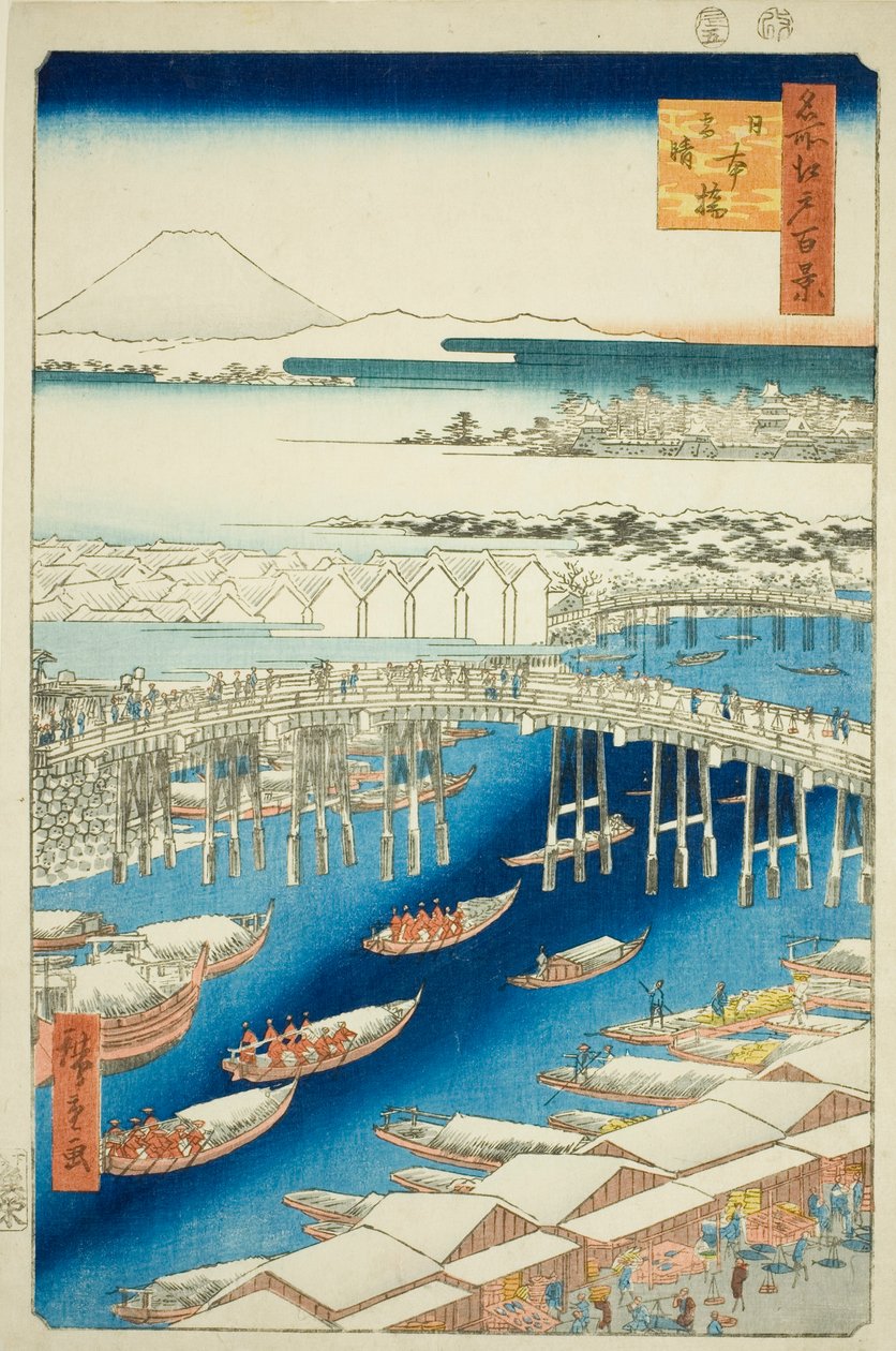 Cear wear ter a f hand r S w at Japan B ri dge (Nihonbashi snow sunny), da teserie s "ridge part d red fanet s views of edo (famoso lugar Edo) Hundred views)" de Utagawa Hiroshige