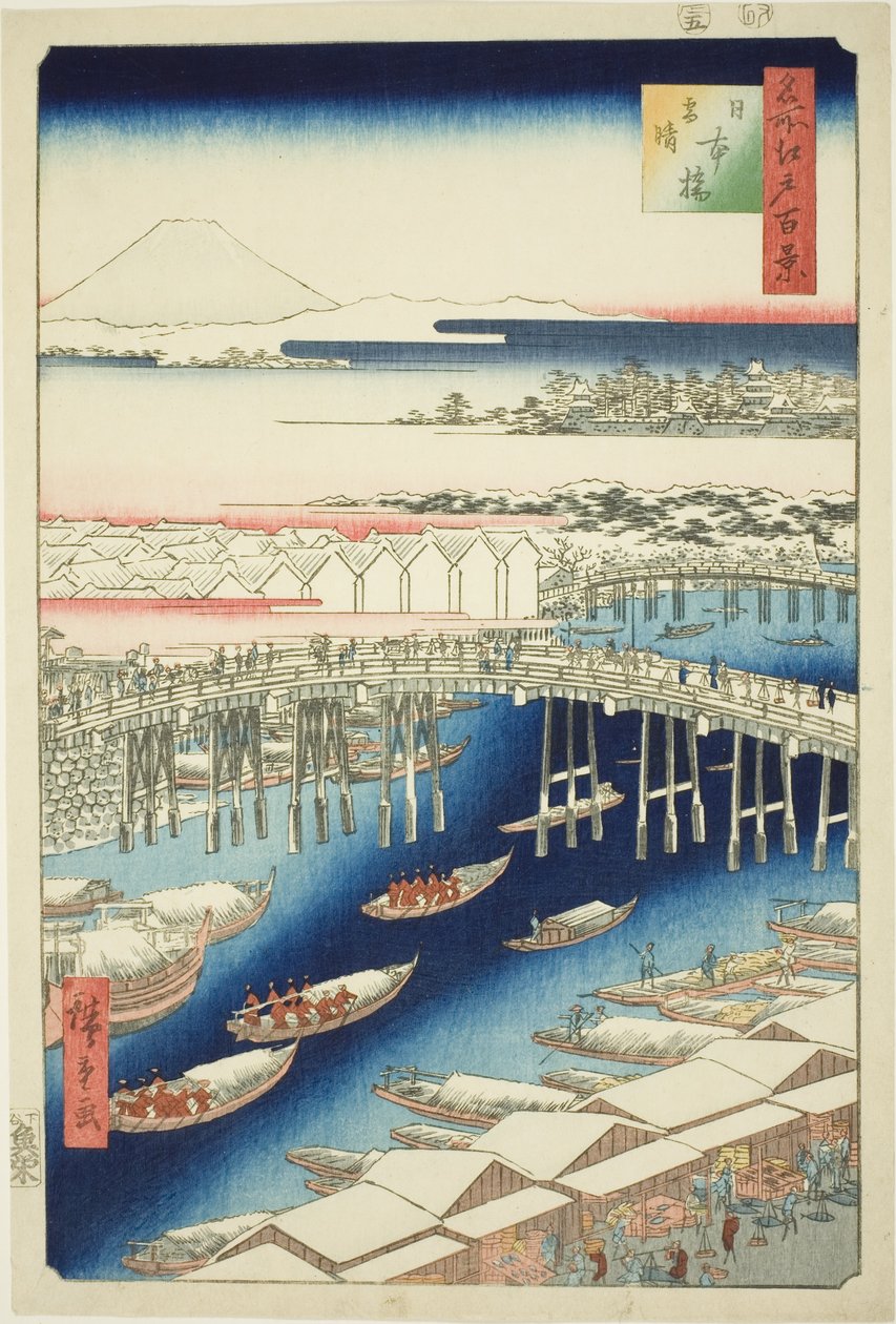 C ware ware af hand r S w at Japan B reason (Nihonbashi snow clear), da série "Ridge dre d fa net views f Edo (famous place Edo 100 views)" de Utagawa Hiroshige