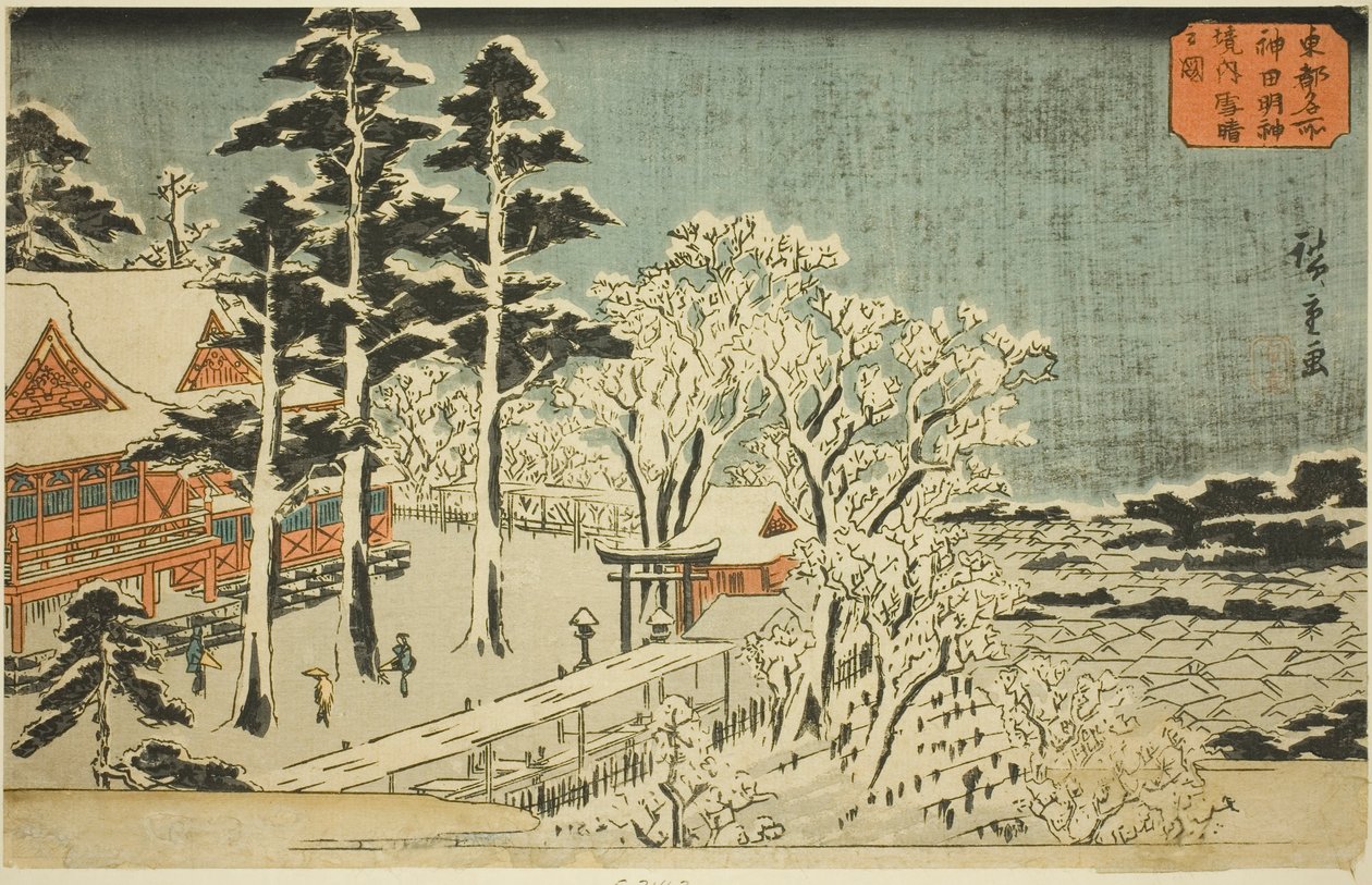 Tempo limpo após a queda de neve no recinto do Santuário Kanda Myojin (Kanda Myojin keidai yukibare no zu), da série "Lugares famosos na capital oriental (Toto meisho)" de Utagawa Hiroshige