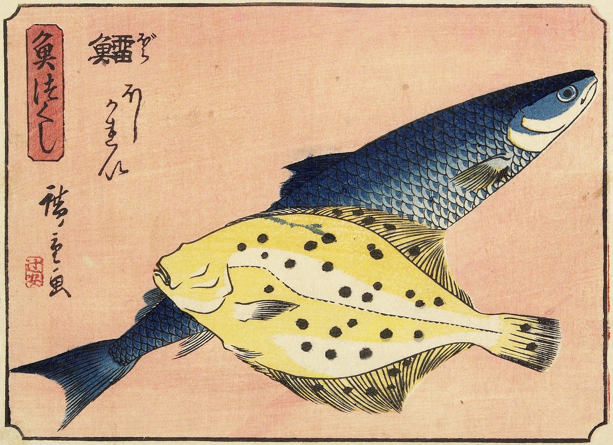 Bacalhau e alabote, 1830-1844 de Utagawa Hiroshige