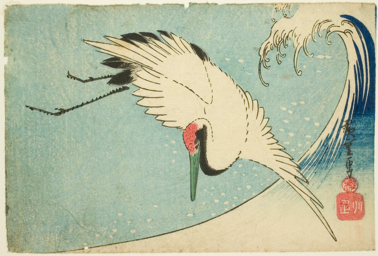 Guindaste voando sobre a onda de Utagawa Hiroshige