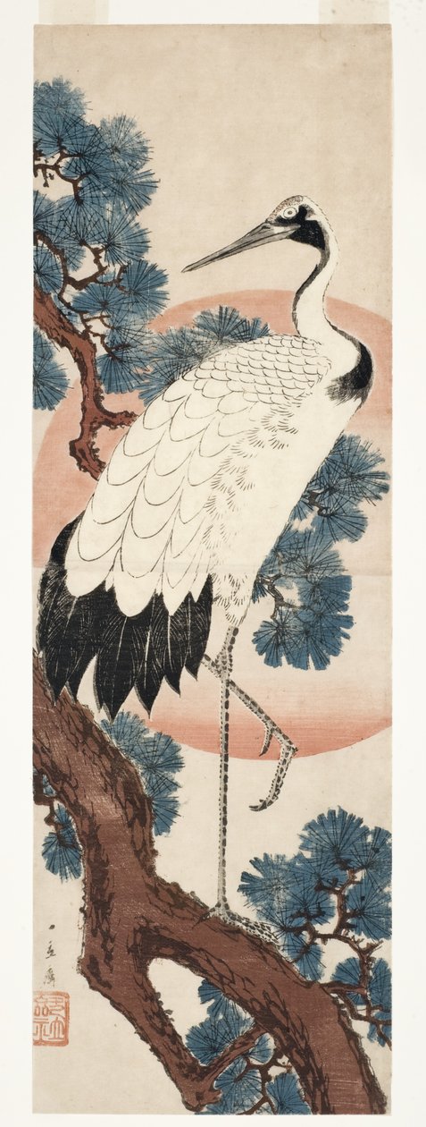 Guindaste no pinheiro ao nascer do sol, 1850-55 (xilogravura) de Utagawa Hiroshige