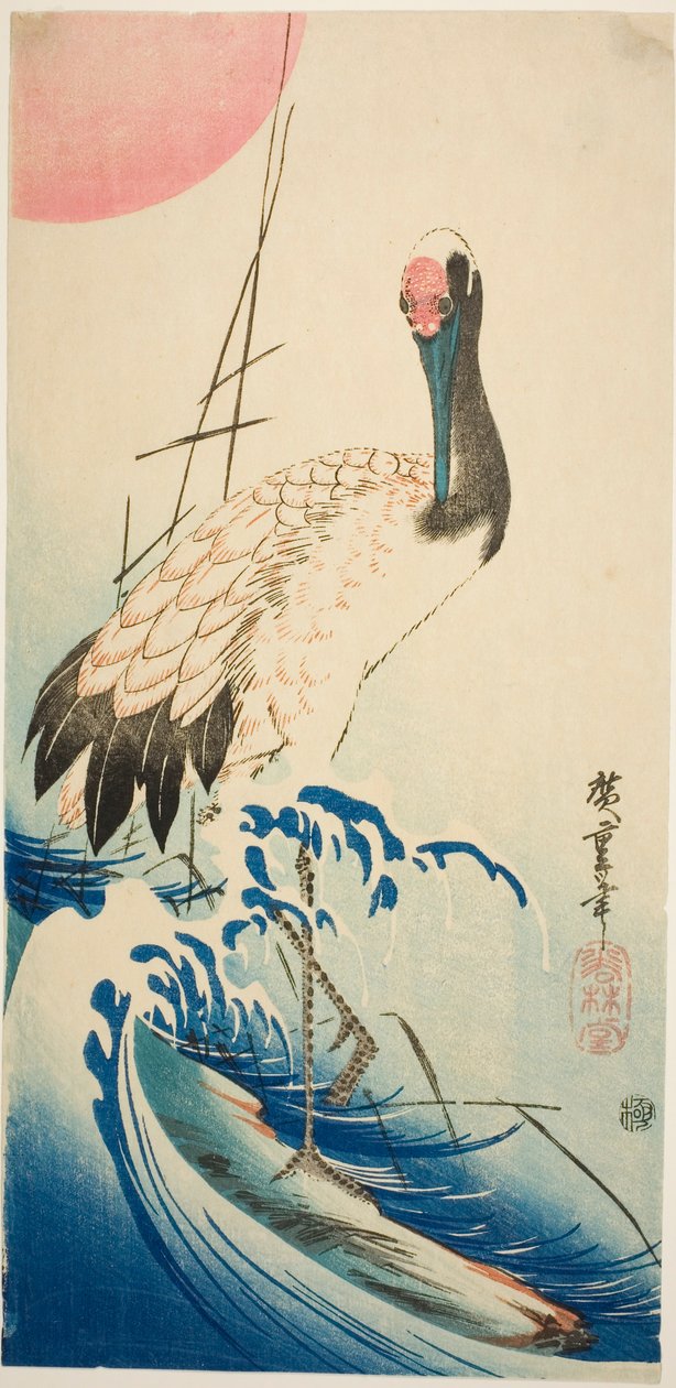 Guindaste, ondas e sol nascente de Utagawa Hiroshige