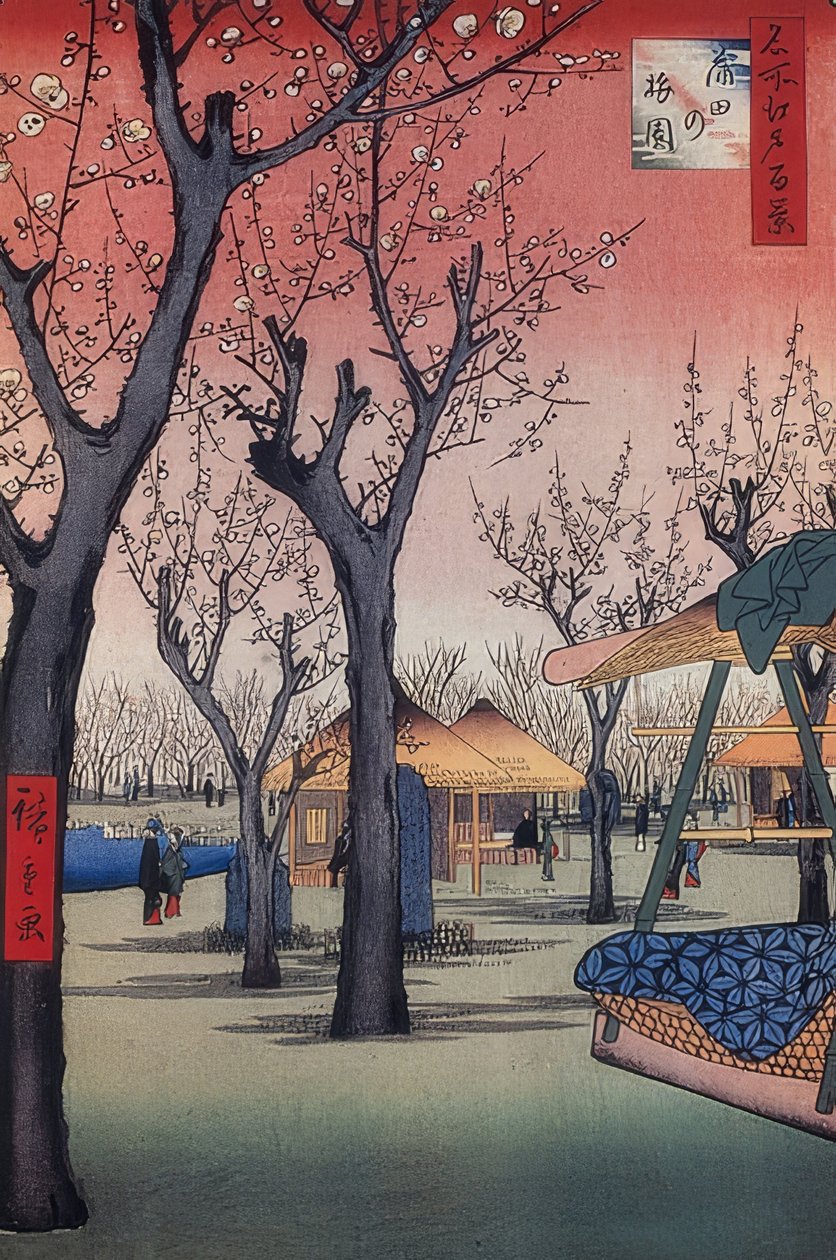 O Jardim da Ameixa em Kamata (Cem Vistas de Edo). 1856-58 de Utagawa Hiroshige