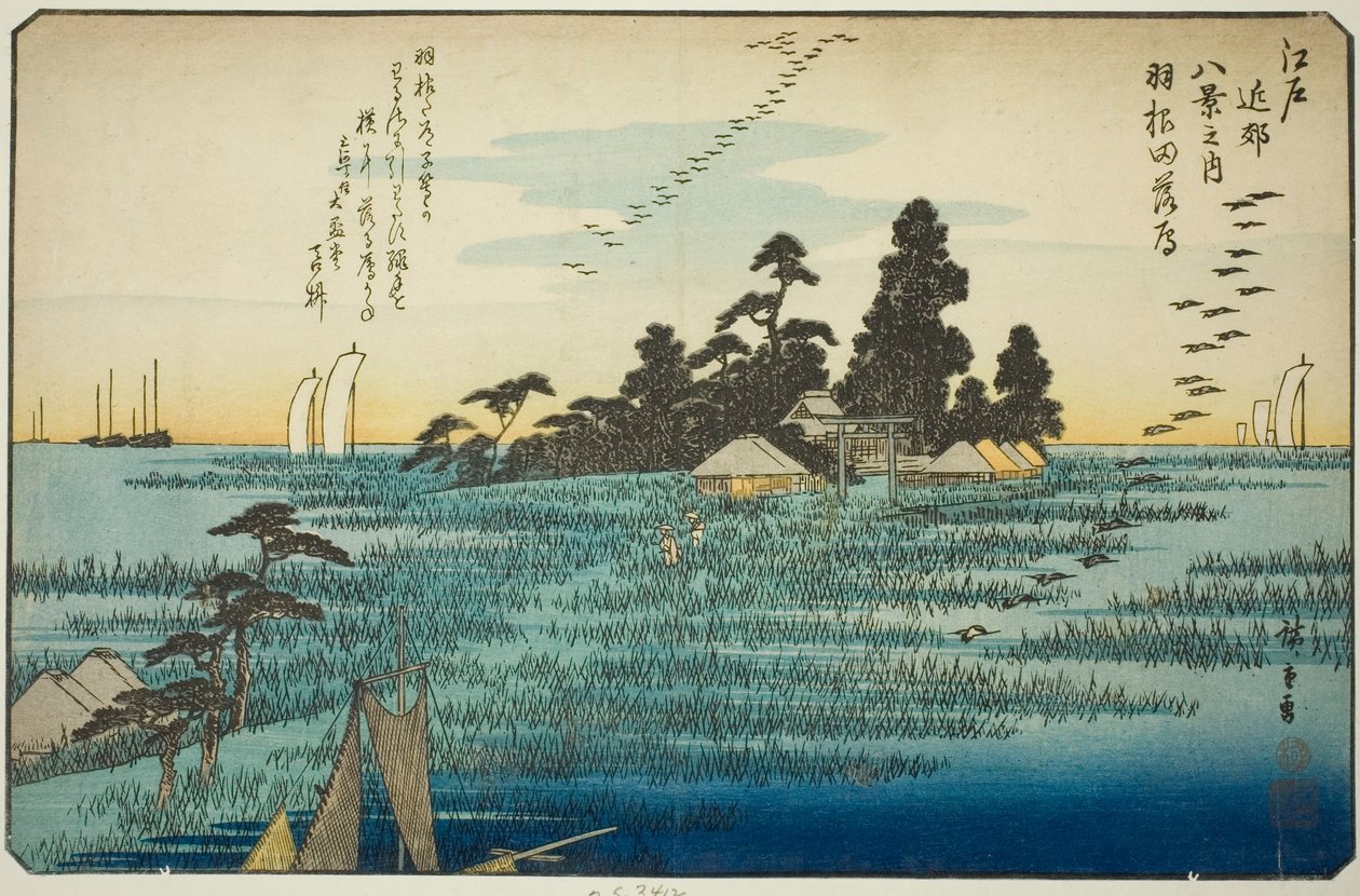 Gansos descendentes em Haneda (Haneda no rakugan), da série "Eight Views in the Environs of Edo (Edo kinko hakkei no uchi)" de Utagawa Hiroshige
