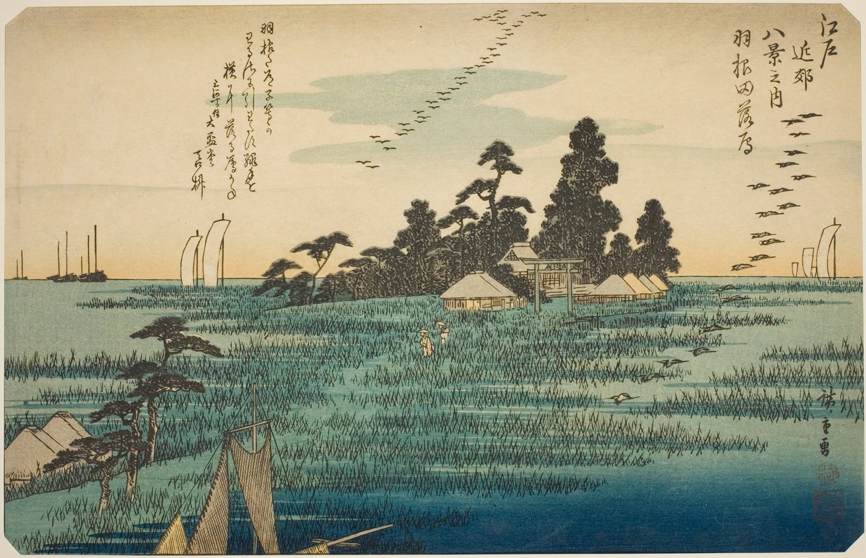 Gansos descendentes em Haneda (Haneda no rakugan), da série "Eight Views in the Environs of Edo (Edo kinko hakkei no uchi)" de Utagawa Hiroshige