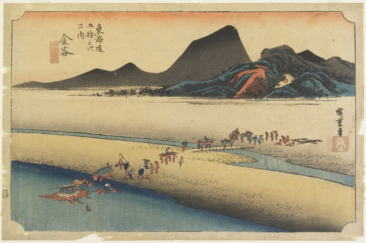 Banco Distante do Rio O_i, Kanaya, c. 1833 de Utagawa Hiroshige
