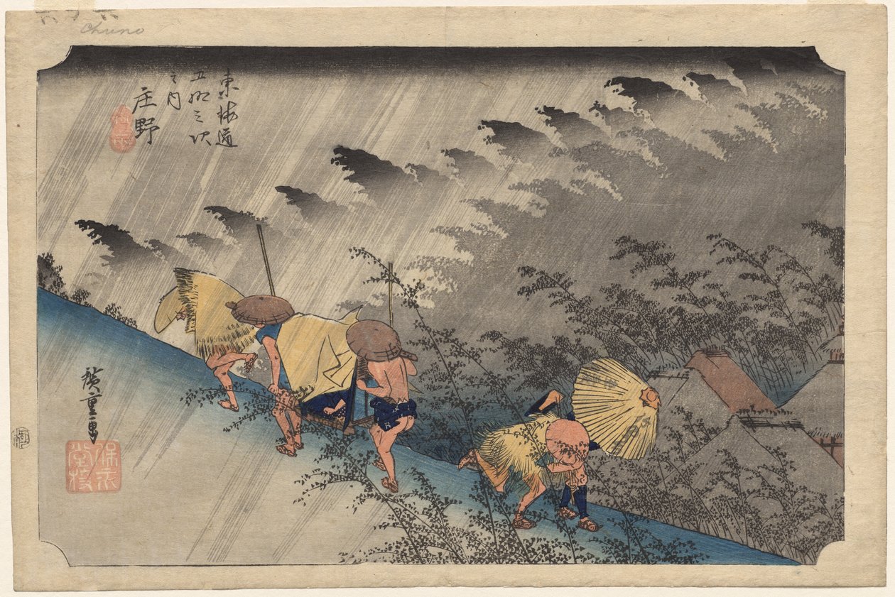 Driving Rain at Shono (Estação 46) da série Cinquenta e Três Estações do Tokaido de Utagawa Hiroshige