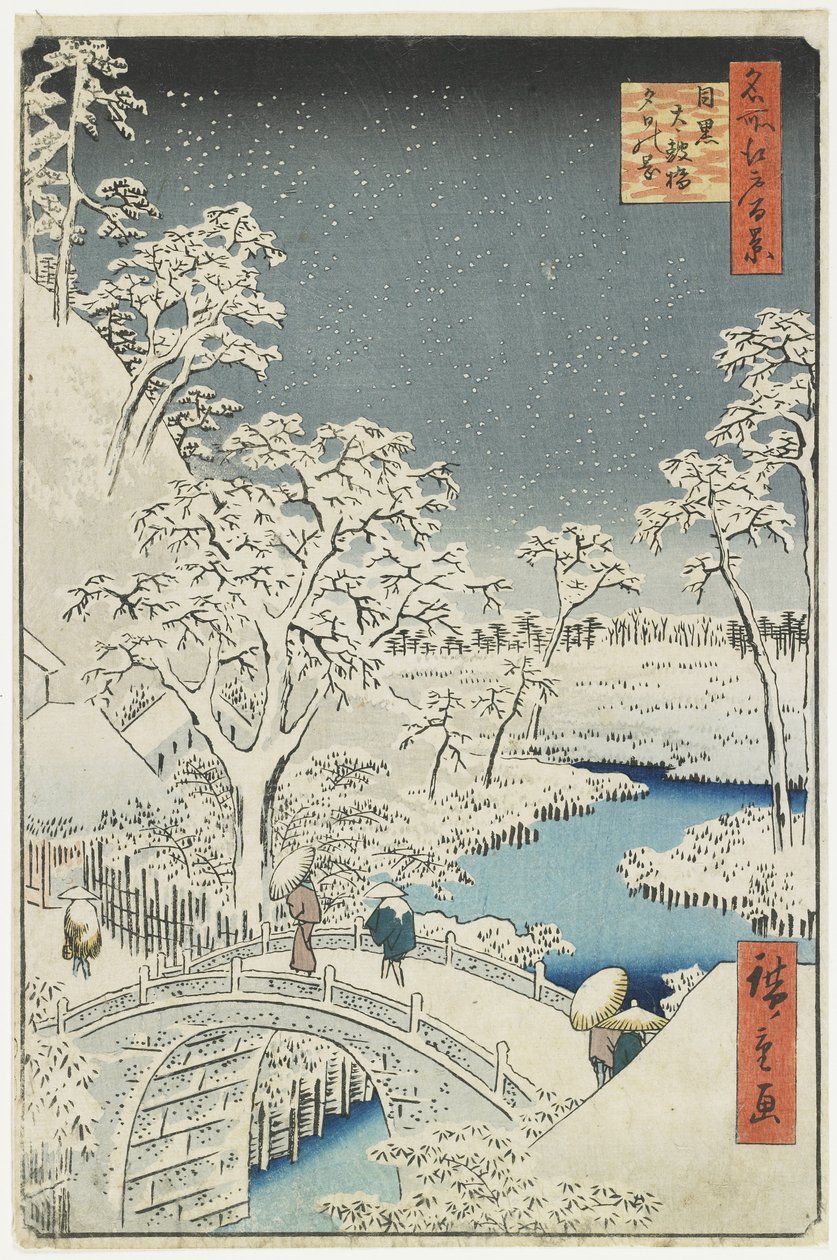 Drum Bridge e Sunset Hill em Meguro, abril de 1856 de Utagawa Hiroshige