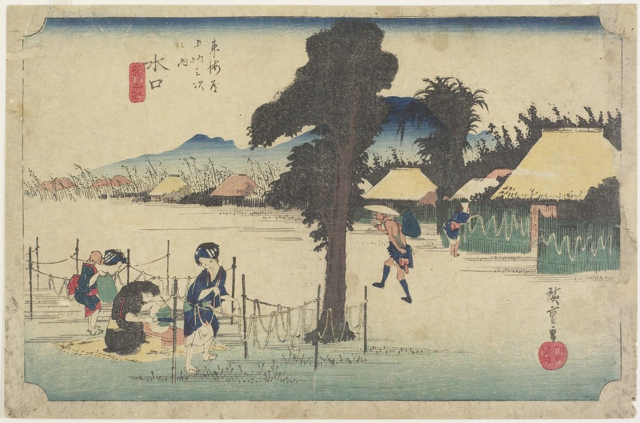 Aparas de cabaça de secagem, Minakuchi, c. 1833 de Utagawa Hiroshige